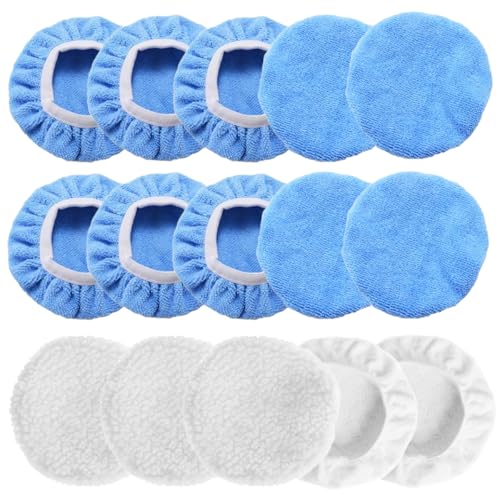 15PCS Car Polisher Pad Bonnets, 5 to 6 Inch Soft Polishing Bonnets Buffing Pads, Car Wax Cover Kit for Car Orbital Buffer Polisher, 10 Microfiber Bonnets + 5 Woollen Polishing Pad Covers (5-6 Inches) - size: 5-6 Inches