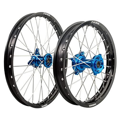TUSK Impact Complete Front and Rear Wheel 1.40 x 17/1.60 x 14 Black Rim/Silver Spoke/Blue Hub for KTM 85 SX 17/14 2012-2020