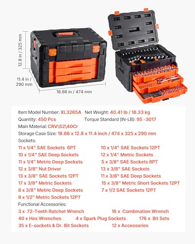 VEVOR Mechanics Tool Set and Socket Set, 450 PCS, 1/4" 3/8" 1/2" Drive - size: 450-PCS
