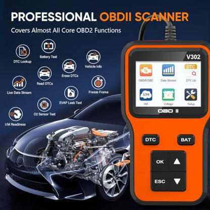 OBD2 Scanner & Engine Code Reader, Car Scanners with Battery Tester - color: Orange