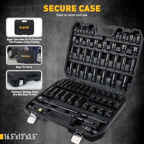 ELEAD 67 Piece 1/2" Drive Deep Impact Socket Set: Standard SAE (3/8"-1-1/4") & Metric (8-24 mm), Including 3 ", 5", 10" Extension Bar, Universal Joint, Ratchet Handle and Adapter - color: 67pcs 1/2'' Drive Impact Socket Set Black