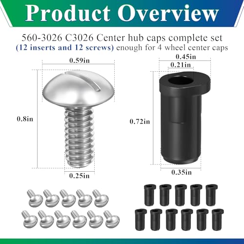 Center Caps Screws&Insert for 1980-1996 Ford F-150 & Bronco,1992-1996 Van - style: 12 Sets