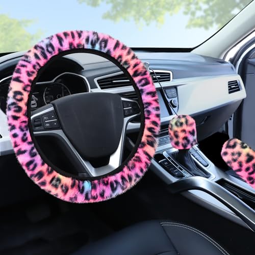 Accmor Fuzzy Car Steering Wheel Cover, Universal Fit Fluffy Auto Wheel Cover & Handbrake Cover & Gear Shift Cover Set, Leopard Print, Car Steering Wheel Cover Protector for Women Girls (Colorful) - color: Colorful/Black Leopard