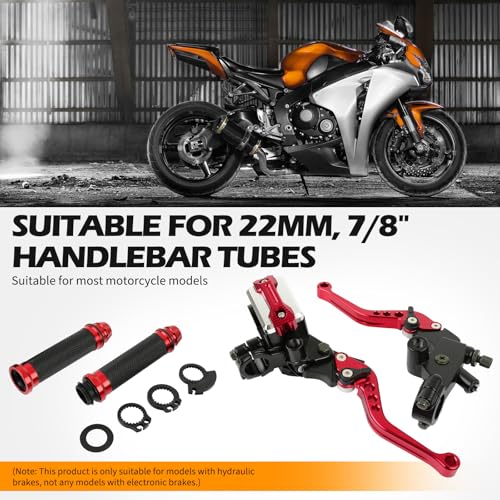 DREAMIZER Universal 7/8" 22mm Motorcycle Handlebar Brake Master Cylinder Clutch Levers CNC Left & Right Set + Hand Grips Compatible with Harley Honda Kawasaki Yamaha Suzuki (Red) - color: Red