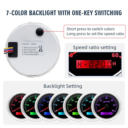 Tachometer 6000 RPM 3-3/8" 85mm for 1-8 Cylinder Gas Diesel Engine - color: BL & WH, size: 6K RPM