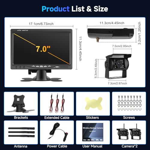 1080P HD Wireless Backup Camera System, 7-inch LCD Monitor with 2 Rearview Camera for Trailer RV Camper Truck Car Bus, DIY Guide Lines, IP68 Waterproof, Night Vision, BSD, 12V-36V