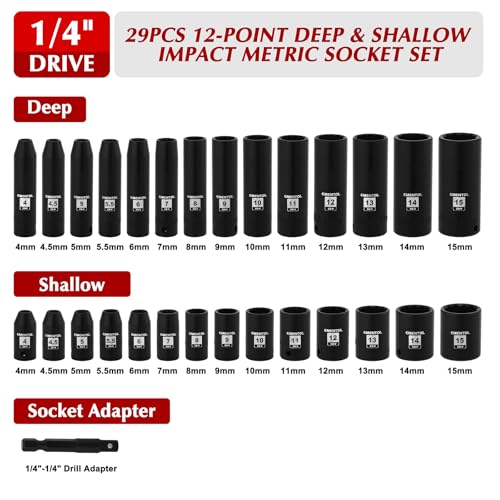 EMENTOL 1/4" Drive Impact Socket Set, 29 Pieces Deep & Shallow Socket Set, Metric 4-15mm, 12 Point CR-V, Includes Drill Bit Adapter - size: 1/4" Drive (4-15mm)