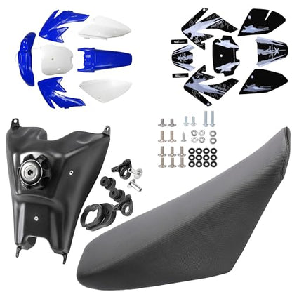 CRF70 Plastic Kit CRF 70 Plastic Fender Kit Plastic Fairing Kit & Graphics Decals & Seat & Fuel Tank Motorcycle Fairing Body Work Kit for CRF70F SSR Thumpstar 140cc Pit Dirt Bike (Blue) - color: Blue