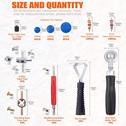 70Pcs Tire Repair Kit - Patch, Scraper, Valve Stem Removal Tools, Cores, Caps & Patches for Punctures