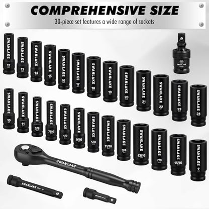30-Piece 1/2" Drive Impact Socket Set, Standard SAE (3/8-1 inch) and Metric (10-24mm) 6 Point CR-V Steel Deep Socket, Ratchet Handle, 3" & 5" Extension Bar, CR-MO Impact Universal Joint - style: 1/2'' 30PCS