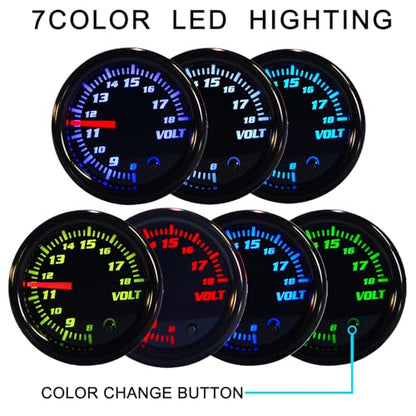 Tinted 7 Color Volt Voltmeter Gauge kit 8-18V 2-1/16"(52mm)