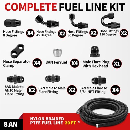 8AN PTFE Fuel Line Kit Nylon Braided PTFE Fuel Hose 20FT With AN8 Hose End Fitting For LS Swap EFI Fuel System - color: Black, size: 8AN 20FT