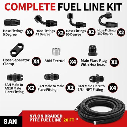 8AN PTFE Fuel Line Kit Nylon Braided PTFE Fuel Hose 20FT With AN8 Hose End Fitting For LS Swap EFI Fuel System - color: Black, size: 8AN 20FT