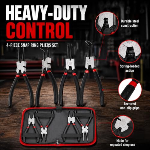 7” Snap Ring Pliers Set 4PC, Internal/External Circlip Pliers with Straight+Bent Jaws, Heavy Duty C Clamp Pliers & C Clip Removal Tool for Automotive Tools Professional Mechanics