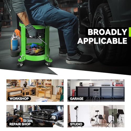Auto Dynasty Mechanic Stool Chair w/Tool Tray & Rotatable Seat, Green - color: Green