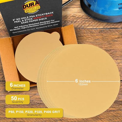 Dura-Gold 6" Gold PSA Sanding Discs, Grits 80, 120, 220, 320, 400, 10 Each - size: Variety Pack