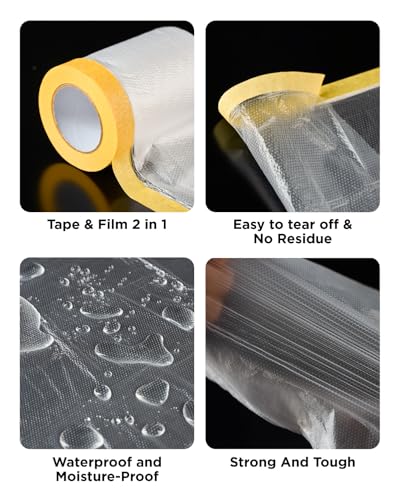 InoKraft Pre-Taped Masking Film for Painting, Painters Plastic Sheeting with Automotive Paint Tape and Drape for Covering Cars, Walls, Windows and Furniture Protection (22" x 66', 3 Rolls)