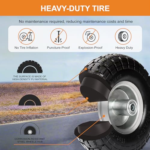 10" Solid Tires, 4.10/3.50-4 Tire and Wheel Flat Free, Gorilla Cart Tires Replacement, 4-Pack Solid Rubber Wheels with 5/8" Axle for Hand Trucks, Wheelbarrows, Dollies, Wagons & Garde (10 Inch 4-Pcs)