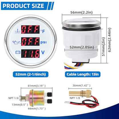 MH Triple Gauge Set - Water Temp (104°F-248°F), Oil Pressure (0-145PSI), Voltmeter (9-32V), AUTO Gauge with Sensors 2" 52mm 3-in-1 Boat Marine Meter Kit (White) - color: White