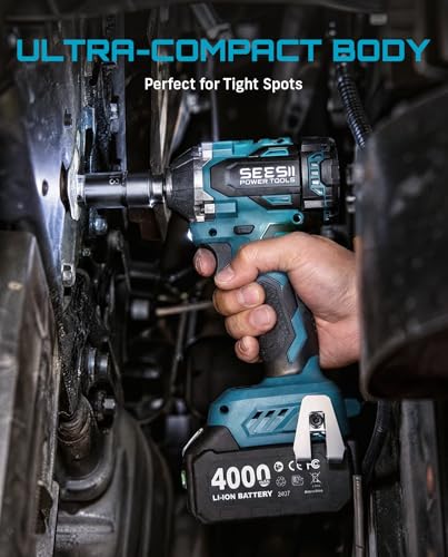 Seesii 3/8" Cordless Impact Wrench, Power Impact Gun w/Max Torque 330Ft-lbs(450N.m), 4.0Ah Rechargable Battery & 4 Sockets, Compact Power Impact Wrench for Lightduty Work Car Home,WH450