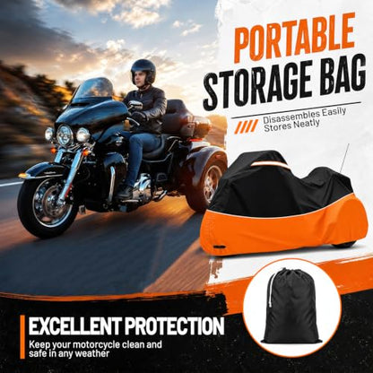 Trike Cover,Waterproof 3 Wheel Motorcycle Cover for Harley Tri Glide,Honda Goldwing Trike,Kawasaki Voyager Trike Accessories,with Adjustable Windproof Buckle,Night Reflective Strips,Black & Orange - size: Trike