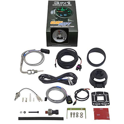 GlowShift 3in1 White 1500F Pyrometer EGT w/Digital Boost & Temp Gauge Kit