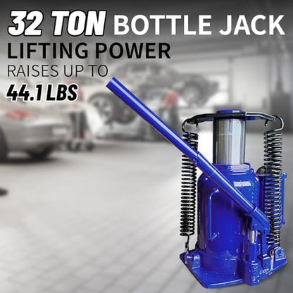 32 Ton Air Hydraulic Bottle Jack with Air-Powered or Manual Operation, One-Piece Hydraulic Cylinder Design, Air Bottle Jack with Independent Air Pump Body and Carry Handle - color: Blue, size: 32 Ton