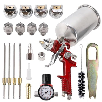 HVLP Gravity Feed Spray Gun Kit with 1.4/1.7/2.0/2.5mm Nozzles - color: red