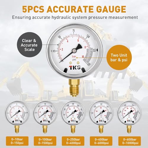 Hydraulic Pressure Test Kit, 600bar /10000psi / 60Mpa 5 Gauges 13 Test Couplings 14 Tee Connectors 5 Test Hoses, Hydraulic Test Gauge kit for Excavator Construction Machinery (5 Gauges) - size: 5 Gauges 13 Test Couplings