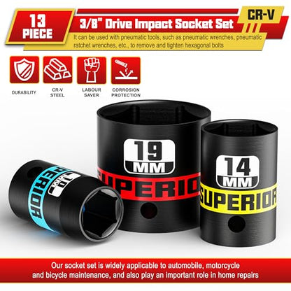 13 Piece 3/8" Drive Impact Socket Set, 7 mm-19 mm Shallow Socket, Metric, 6 Point, CR-V, Automotive Motorcycle and Bicycle Maintenance, Machinery Manufacturing - size: 3/8" Shallow Metric