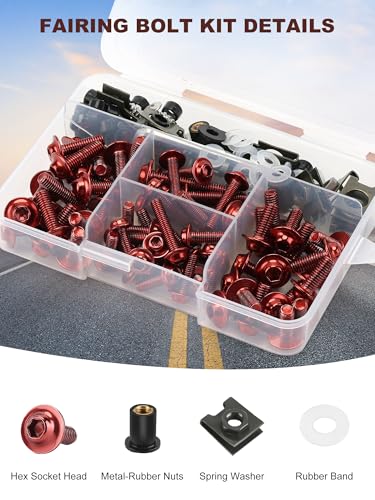 Motorcycle Fairing Bolt Kit Red, 195Pcs Stainless Steel M5 M6 - color: red