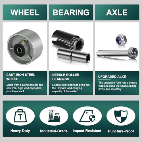 4" x 2" Industrial Casters, Steel Cast Iron Wheel - Heavy Duty Caster -Set of 4 Caster with 3200 lbs Capacity, Roller Bearing-1/2" Bore, Replacement Wheel for Platform Trucks(4 Pack) - style: 4"×2"