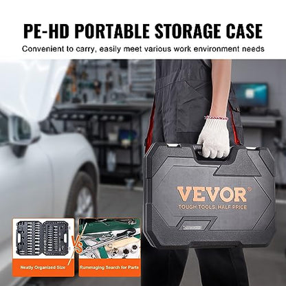 VEVOR Socket Set, 1/4" and 3/8" Drive Socket and Ratchet Set, 6-Point Socket Opening, 106 Pcs Tool Set SAE and Metric, Deep and Standard Sockets, 5/32-1 in, 5-19 mm, with Accessories, Storage Case - size: 106-PCS
