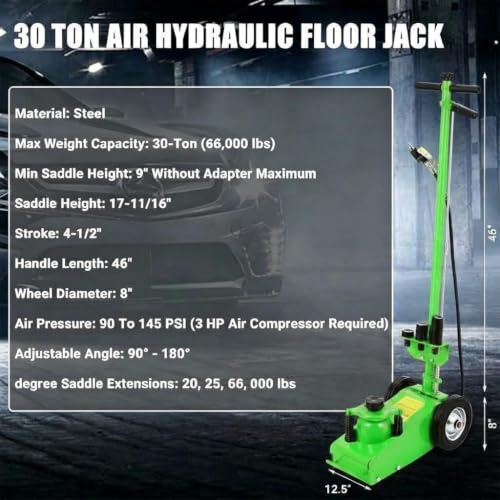 GarveeTech 30 Ton Air Hydraulic Floor Jack for Heavy Duty Trucks & Tractors – Low Profile (9"-17.7"), 4 Adapters, 46" Adjustable Handle – 66,000 Lbs Capacity - color: 30 Green