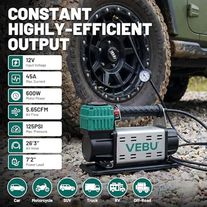 12V Air Compressor, 125PSI Tire Inflator with In-line Pressure Gauge - style: Single Cylinder + Inline Gauge