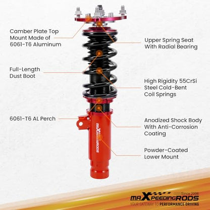 maXpeedingrods Coilovers for Honda Civic Hatchback 2016-2021 52mm clamp diameter only, Height Adjustable Coilovers Suspension Kit, Preset Damping Lowering Kit Red