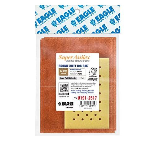 Super Assilex Flexible Sanding Sheets Job-PAK, Brown K-240, U191-2517, 4 Sheets + 1 Hard M Hand Pad for Half Sheets - color: K-240 Brown, size: w/ Half-sheet M Pad