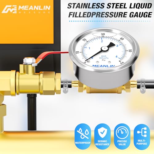 MEANLIN MEASURE 9Pieces KIT 0-60Psi Stainless Steel Liquid Filled Pressure Gauge 1/4" NPT 2.5" FACE DIAL, Back Mount with 1/4" 5/16" Hose Barb, Tee Fittings, WOG Water Oil Air - size: 0-60Psi (9Pcs Kit)