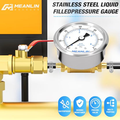 MEANLIN MEASURE 9Pieces KIT 0-60Psi Stainless Steel Liquid Filled Pressure Gauge 1/4" NPT 2.5" FACE DIAL, Back Mount with 1/4" 5/16" Hose Barb, Tee Fittings, WOG Water Oil Air - size: 0-60Psi (9Pcs Kit)