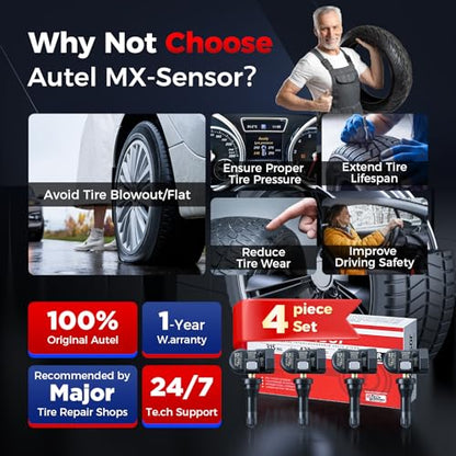 Autel TPMS Sensors, 1 MX-Sensor 433/315MHz, Maxitpms Tire Pressure Sensor 4pack, Replacemend Tire Sensors Press-in Rubber Valves, Programmed with TS508WF