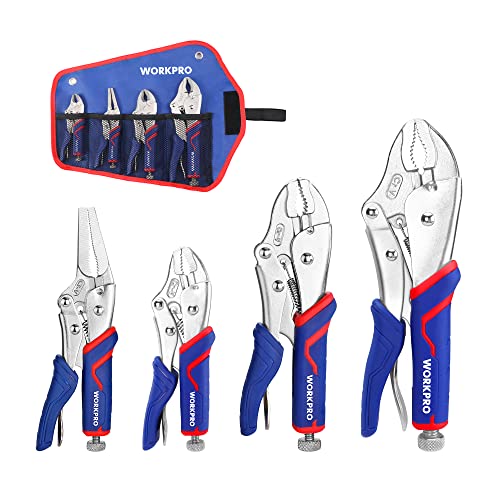 WORKPRO 4-Piece Locking Pliers Set with Comfortable Grip, 5-1/2", 7" and 9" Curved Jaw Locking Pliers, 6-1/2" Long Nose Locking with Storage Bag, Blue&red