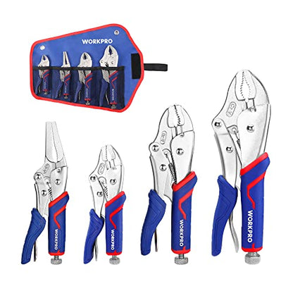 WORKPRO 4-Piece Locking Pliers Set with Comfortable Grip, 5-1/2", 7" and 9" Curved Jaw Locking Pliers, 6-1/2" Long Nose Locking with Storage Bag, Blue&red