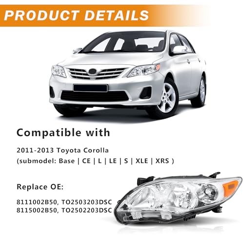Headlights Assembly Compatible with 2011 2012 2013 Toyota Corolla - color: Chrome Headlight