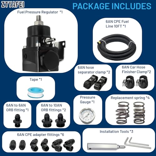 Universal Adjustable EFI Fuel Pressure Regulator Kit (20-120 PSI) - Equipped with Pressure Gauge and 10 FT 6AN CPE Fuel Line Hose and Adapter Fitting, in Black Anodized Aluminum Material