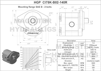 Magister Hydraulic Gear Pump, 1.4 CID, 7/8 in Keyed Shaft, CW Rotation, SAE 12 Inlet x SAE 10 Outlet, SAE B 2-Bolt Mount, 12.12 GPM at 2000 RPM, 3300 PSI - color: CW, size: 1.4 CID