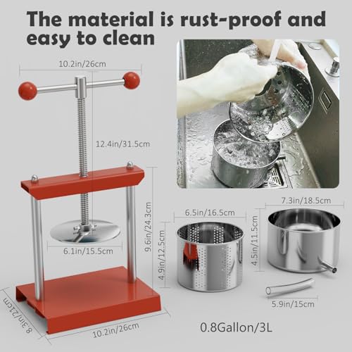 SQUEEZE master Cheese Tincture Herb Fruit Wine Manual Press -0.8Gallon/ 3 Litre-Power Ball Handle-Stainless Steel & Iron for Juice,Cider,Wine,Olive Oil - color: Red, size: 0.8 Gallon