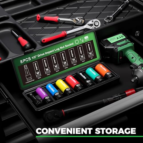 TecoTek 8PCS 1/2" Drive Lug Nut Socket Set, Metric 15 17 19 21 22 MM & SAE 13/16 7/8 in. Wheel Socket Set, Lug Nut Removal Tool, Thin Wall Lug Nut Sockets with Colored Protective Covers
