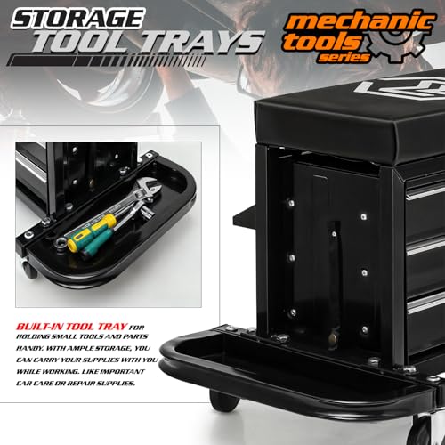 M-AUTO Rolling Mechanic Stool Garage Toolbox Stool Tool Chest Seat w/Wheels, 350LBS Capacity Padded Mechanic Stool Creeper Seat w/Drawers & Side Tool Trays for Home Garage and Workshop, Black