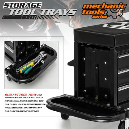 M-AUTO Rolling Mechanic Stool Garage Toolbox Stool Tool Chest Seat w/Wheels, 350LBS Capacity Padded Mechanic Stool Creeper Seat w/Drawers & Side Tool Trays for Home Garage and Workshop, Black