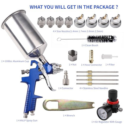HVLP Gravity Feed Spray Gun Kit with 1.4/1.7/2.0/2.5mm Nozzles - color: blue